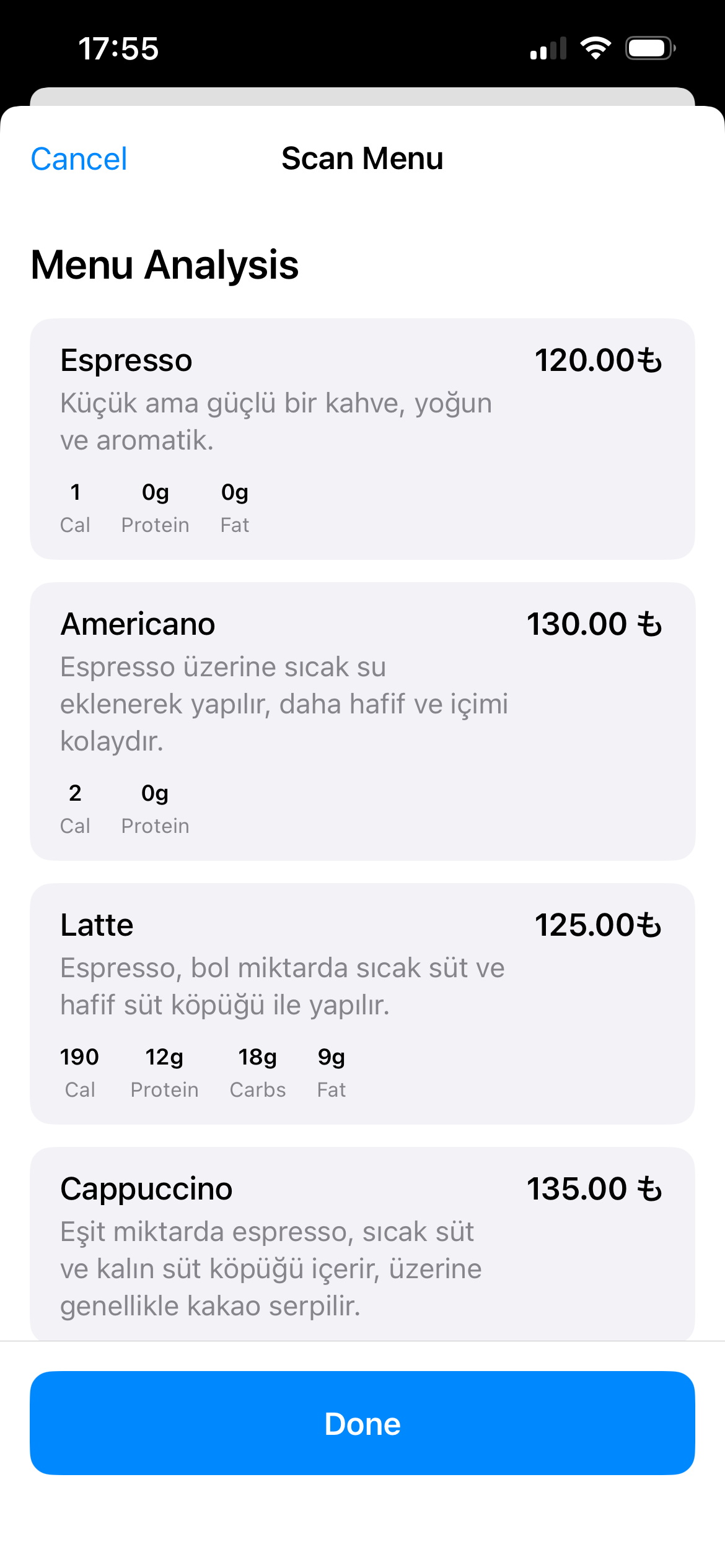 MenuMakro menu analysis with nutrition details